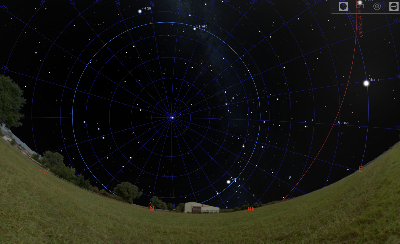 La grille de
  coordonnées équatoriales telle que vue dans Stellarium